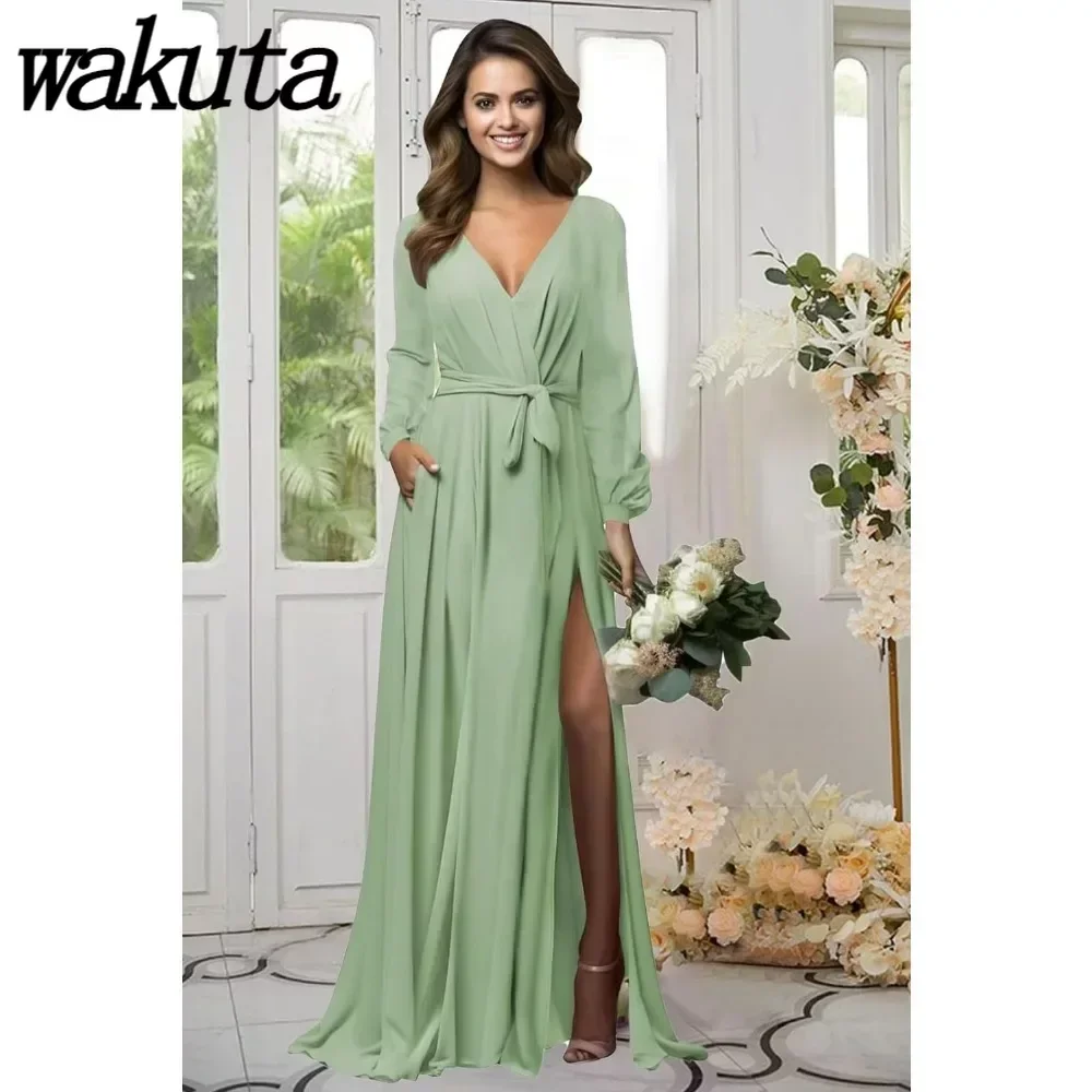 Wakuta Long Sleeve Chiffon Bridesmaid Dresses with High Slit V Neck Long Wedding Guest Dress Formal Evening Gowns with Pockets