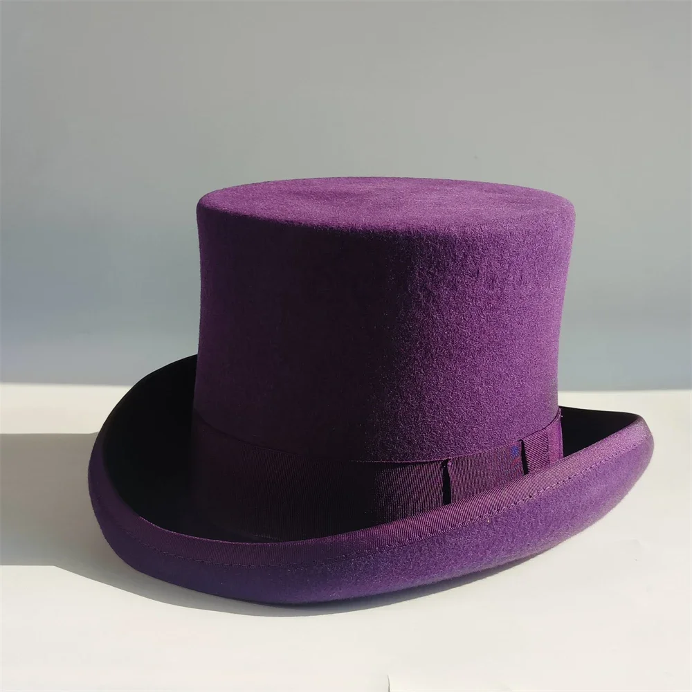 2026 Purple High Top Wool Magician Hat British Hard Cylinder Top Hat Gentleman Formal Cylinder Hat for Men