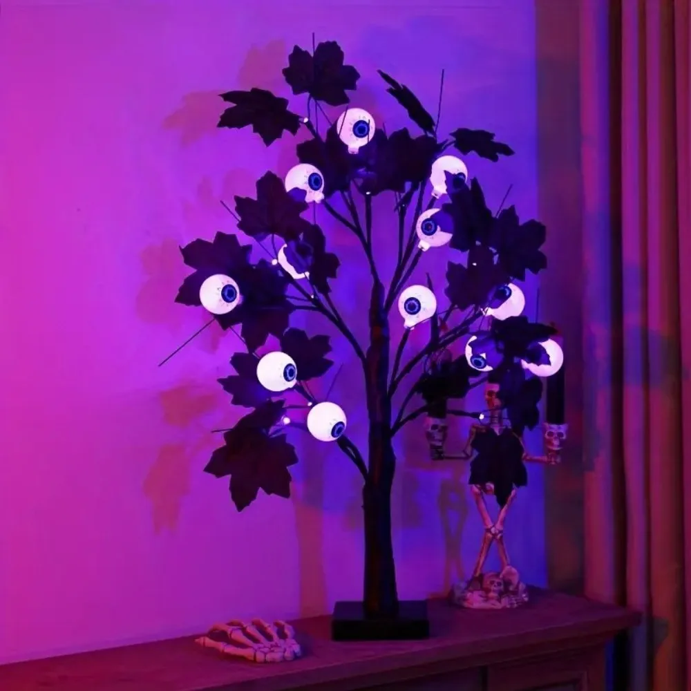 1PC Halloween Black Tree Light, Paired With Eyeballs And Black Maple Leaves, Powered By Battery/USB, Used For Holiday Decoration