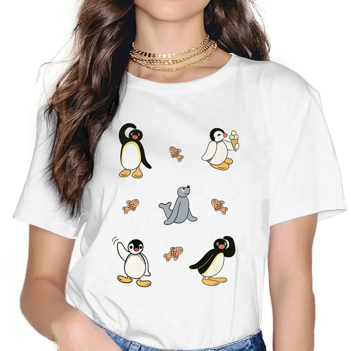 Friends Newest Polyester TShirts Pingu Female Harajuku Tops T Shirt Round Neck