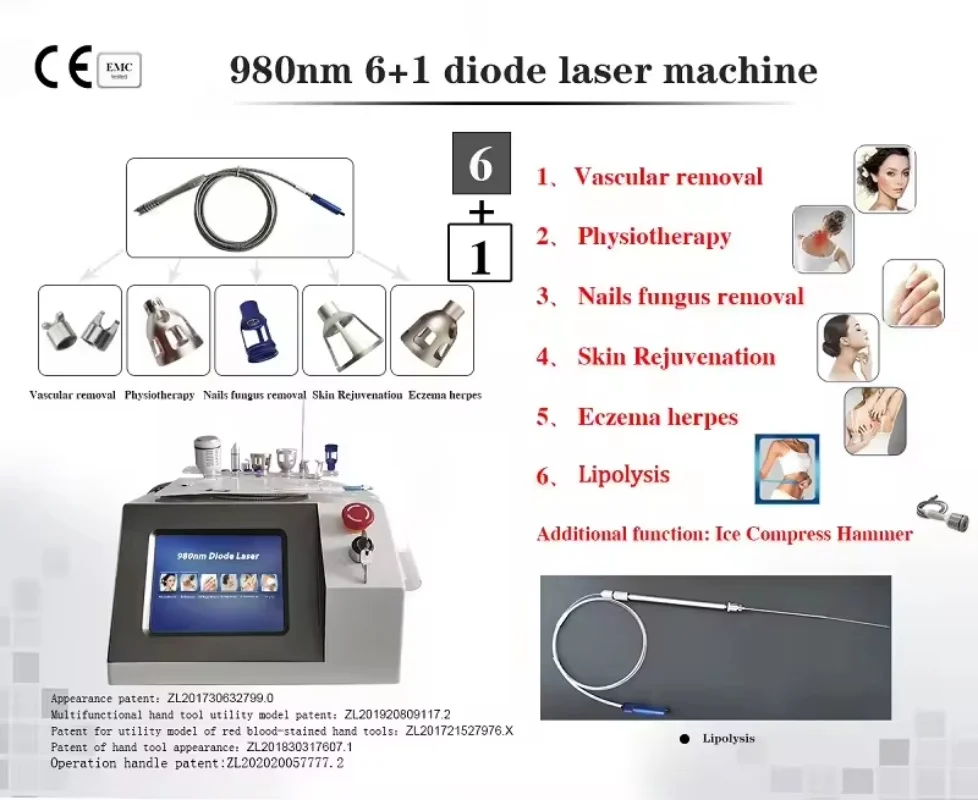 6 in 1 Multi-Functional Beauty Devices 980nm Diode Laser for Spider Vein Removal Nail Fungus Treatment Machine Skin Rejuvenation