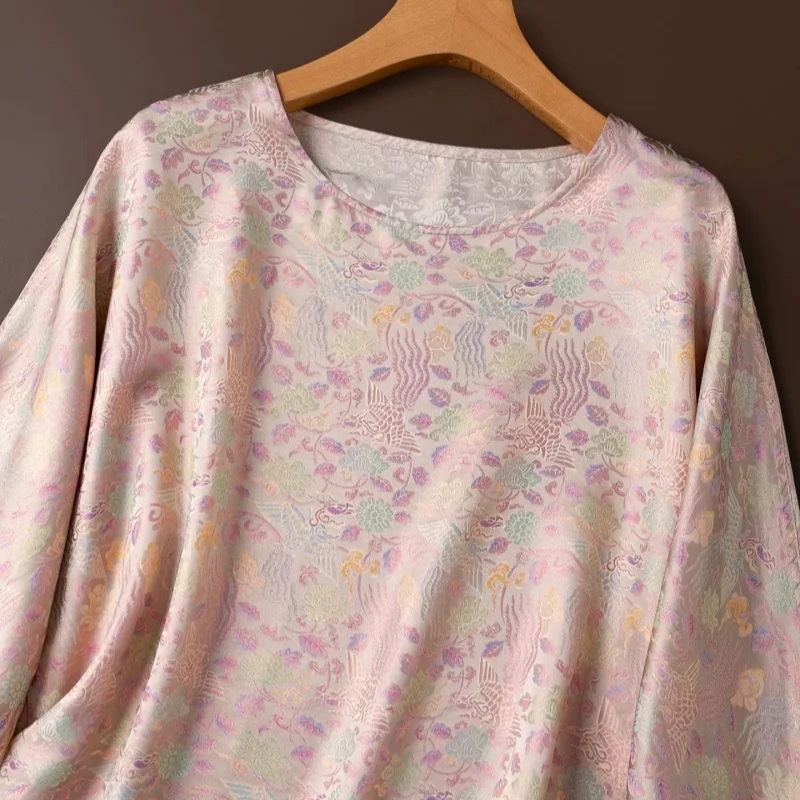 Birdtree, 100% Real Silk Jacquard Tshirt, O-neck Long Sleeve Tops, Women Sangbo Satin Reversible Shirt, 2026 Autumn New T67905JF