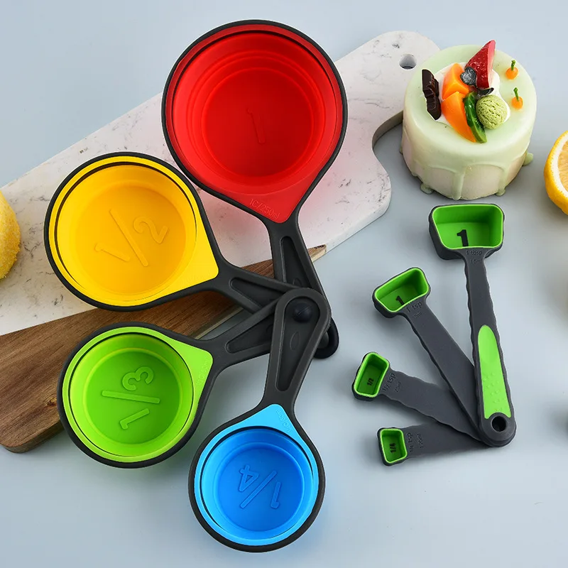 4PCS Silicone Collapsible Measuring Cups, Foldable Nesting Cups with Spoons for Coffee & Baking