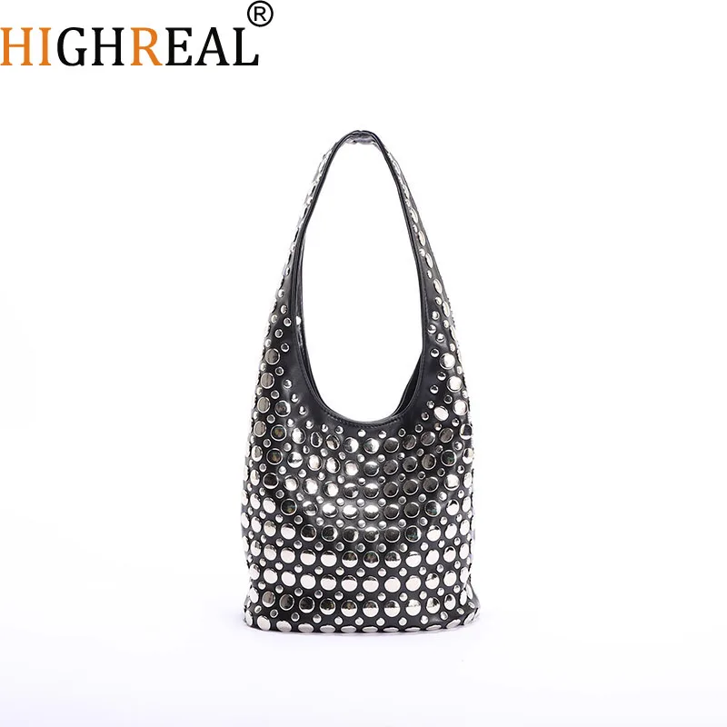

Punk Style Embellished Double-Faced Round Rivet Inlaid Niche Luxury Bucket Bag Chic Lady Underarm Large Capacity Shoulder Bag
