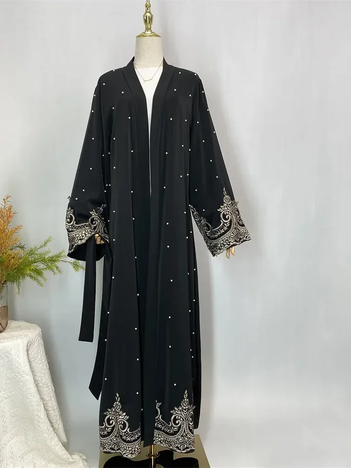 رمضان جلابية أزياء إسلامية عباية نسائية مفتوحة دانتيل مع لؤلؤ ملابس فساتين إسلامية للنساء نيدا عيد قفطان مغربي #5