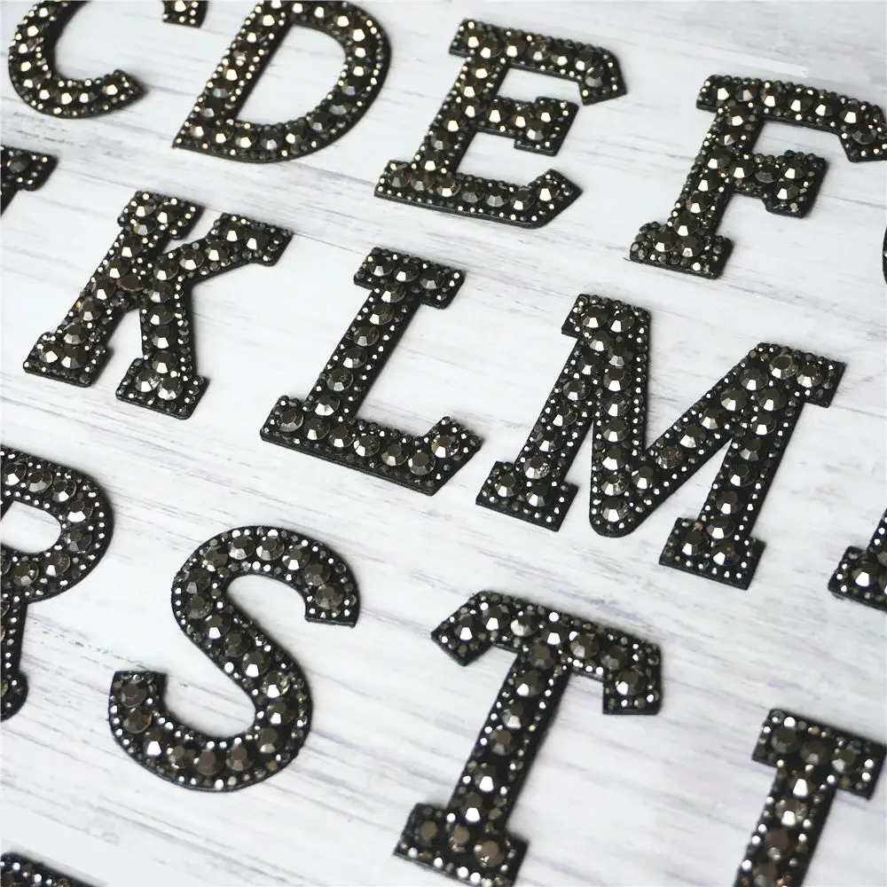 Black Rhinestones 26 Alphabet Letters ABC Sew Iron On Patches Shining Badges For Name DIY Dress Jeans Appliques Decoration