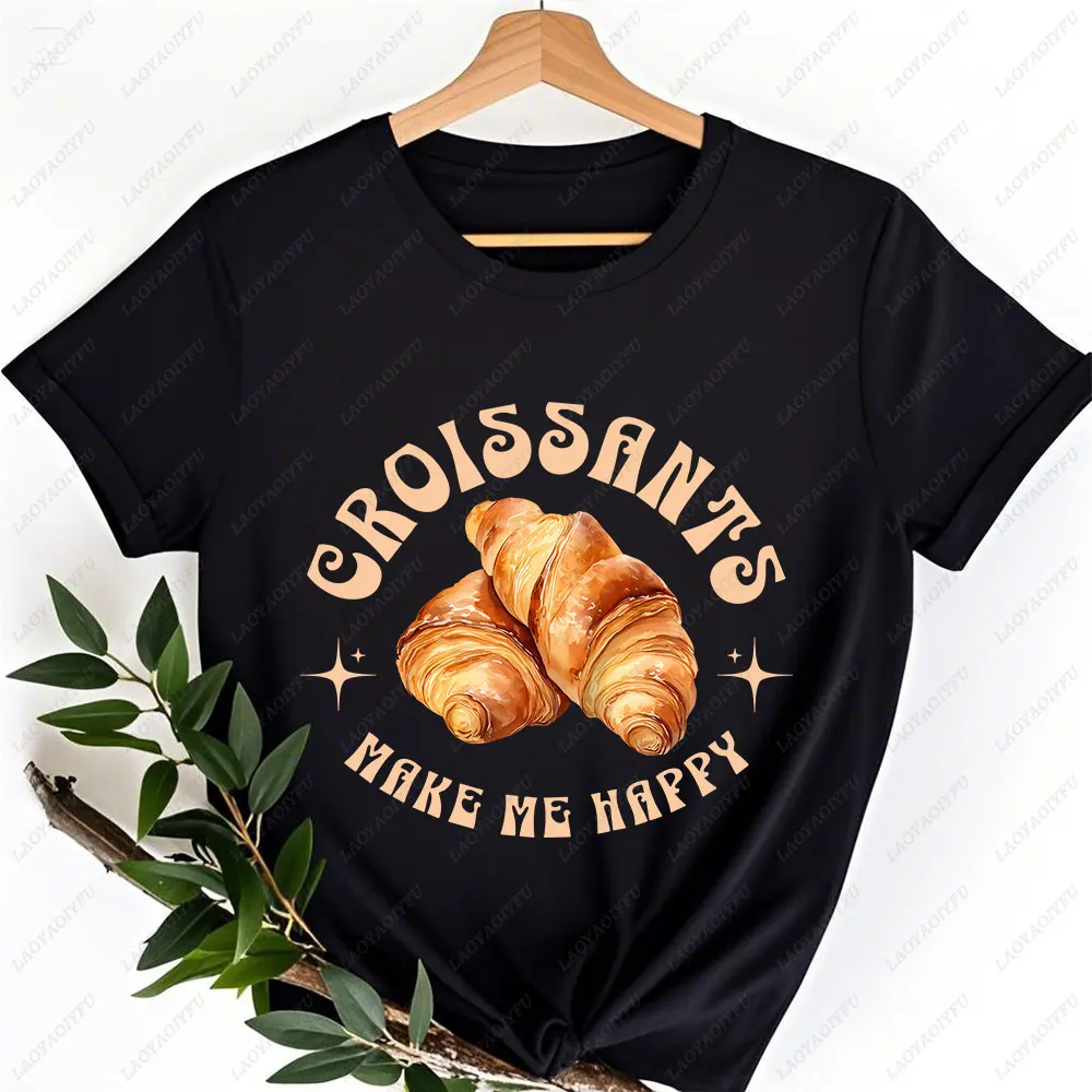 Croissants Make Me Happy Tee, T-shirt pour les amoureux des croissants, Chemise de boulanger drôle, Cadeau de chef dramatique, Club de petit déjeuner rétro Y-T