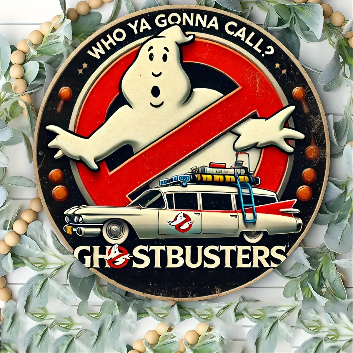 Letrero de Madera Vintage 2D de la Película Ghostbusters, Placa Redonda Retro con el Logotipo de Ghostbusters de Neón con la Frase "Who Ya Gonna Call", Estética Nostalgia de los 80