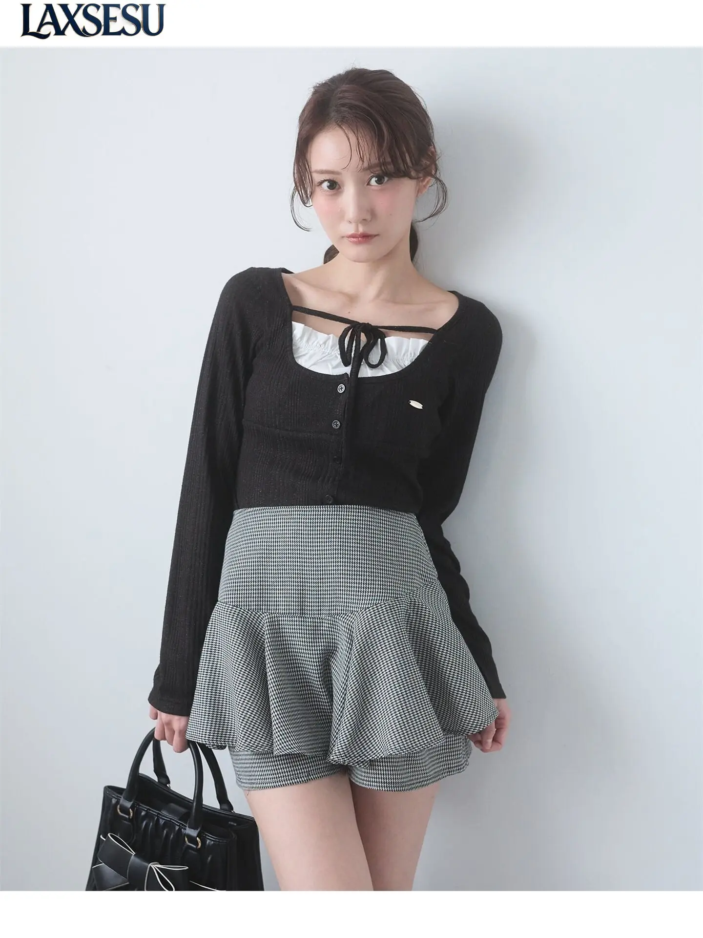 Japanese Elegant and Delicate Texture Long Sleeved Top with Satin Ribbon Layered Elastic Ribbed Waist Cinching Top for Women