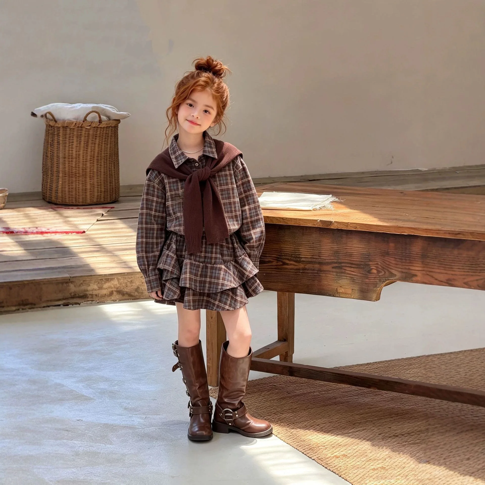 Girls' Retro British Style Patterned Dress Autumn Trendy New Korean Shawl Shirt Skirt Three Piece Set for Children 3