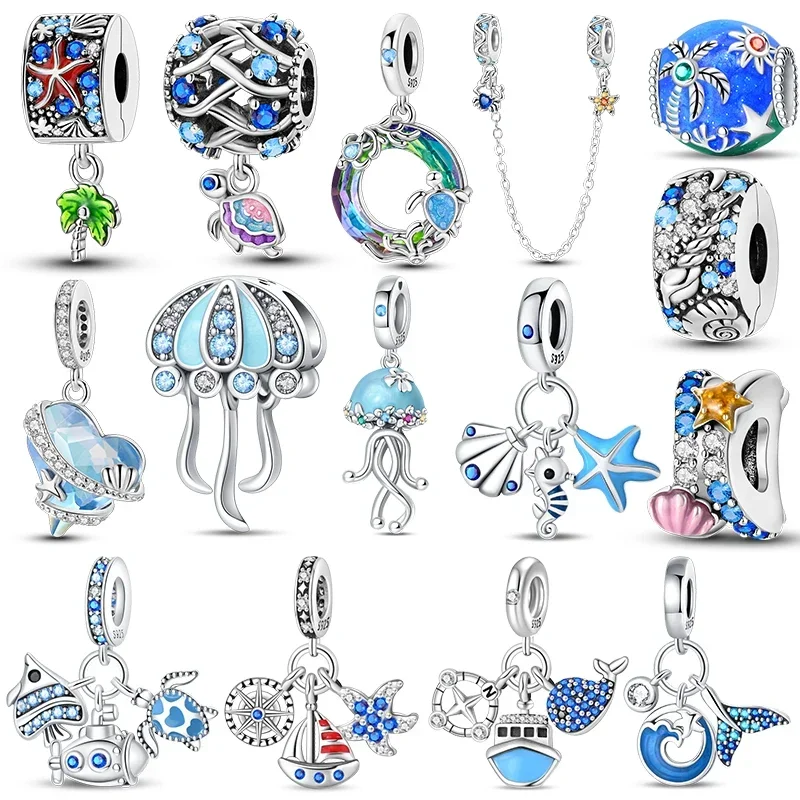 925 Sterling Silver Blue Ocean Ship Lighthouse Starfish Turtle Dolphin Charms Pendants Fit Original Bracelets DIY Jewelry Making