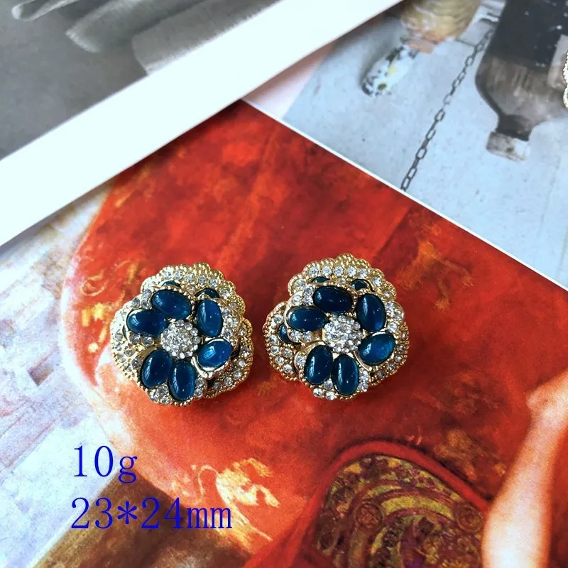 Camellia diamond multi-layer three-dimensional 925 silver needle earrings electroplated blue jelly glass earrings for women