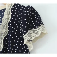 YENKYE 2025 Women Navy Blue Polka Dot Long Dress Lace Trim V Neck Short Sleeve A-line Elegant Holiday Dresses Summe Maxi Robe - Image 4