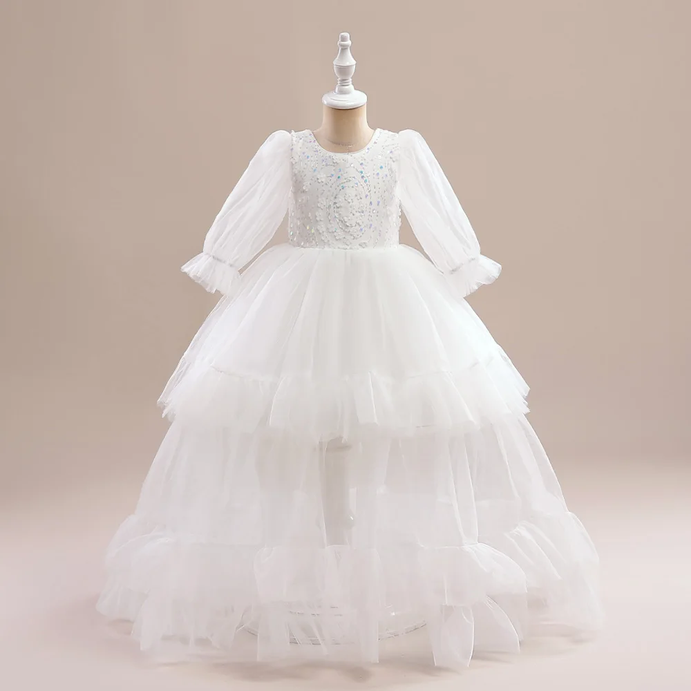 

Tulle Sequin Wedding Girls Dresses Elegant White Bridemaids Evening Party Kids Dress For Girl Flower Princess Birthday Prom Gown