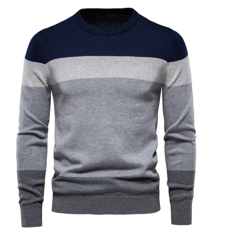 

New men's knitted shirt, youth striped pullover undershirt, spring and autumn round neck sweater