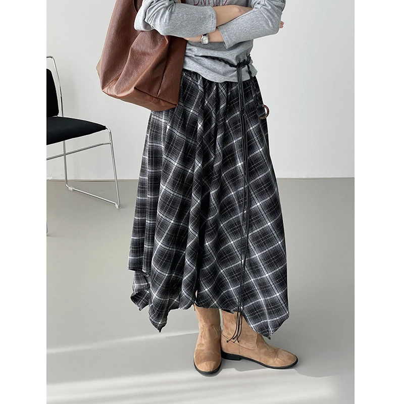 

2025 New Arrival Autumn Winter Women Loose Casual Plaid A-line Asymmetrical Ankle-length Skirt Korean Style Vintage Skirts Y15