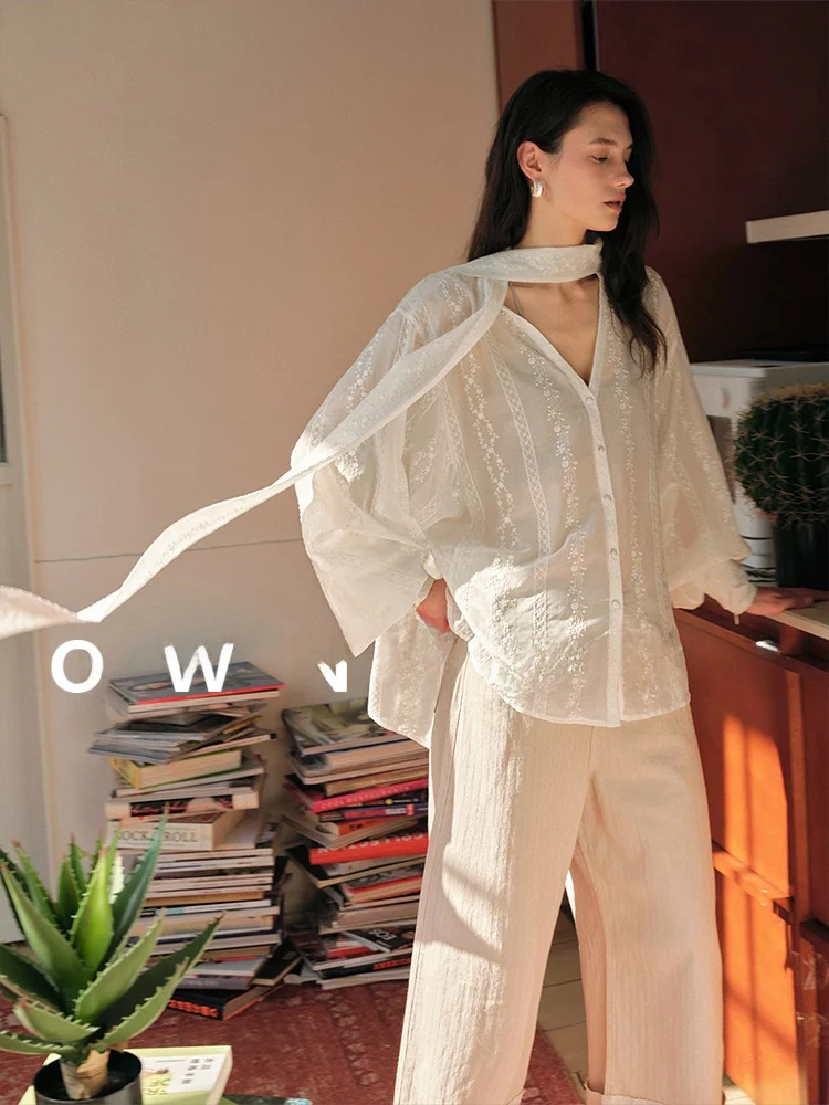 

OWNSONG Gentle Silk Cotton Embroidered Long Sleeve Women's Shirt with Sash White Shirt Loose Fit Breathable Spring Fashion