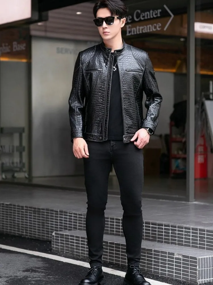 Males Luxury Natural Sheepskin Crocodile Pattern Jacket Stand