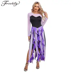 Women Halloween Mermaid Ursula Octopus Sea Witch Cosplay Costume Long Sleeve Sheer Mesh Asymmetrical Hem Dress for Carnival