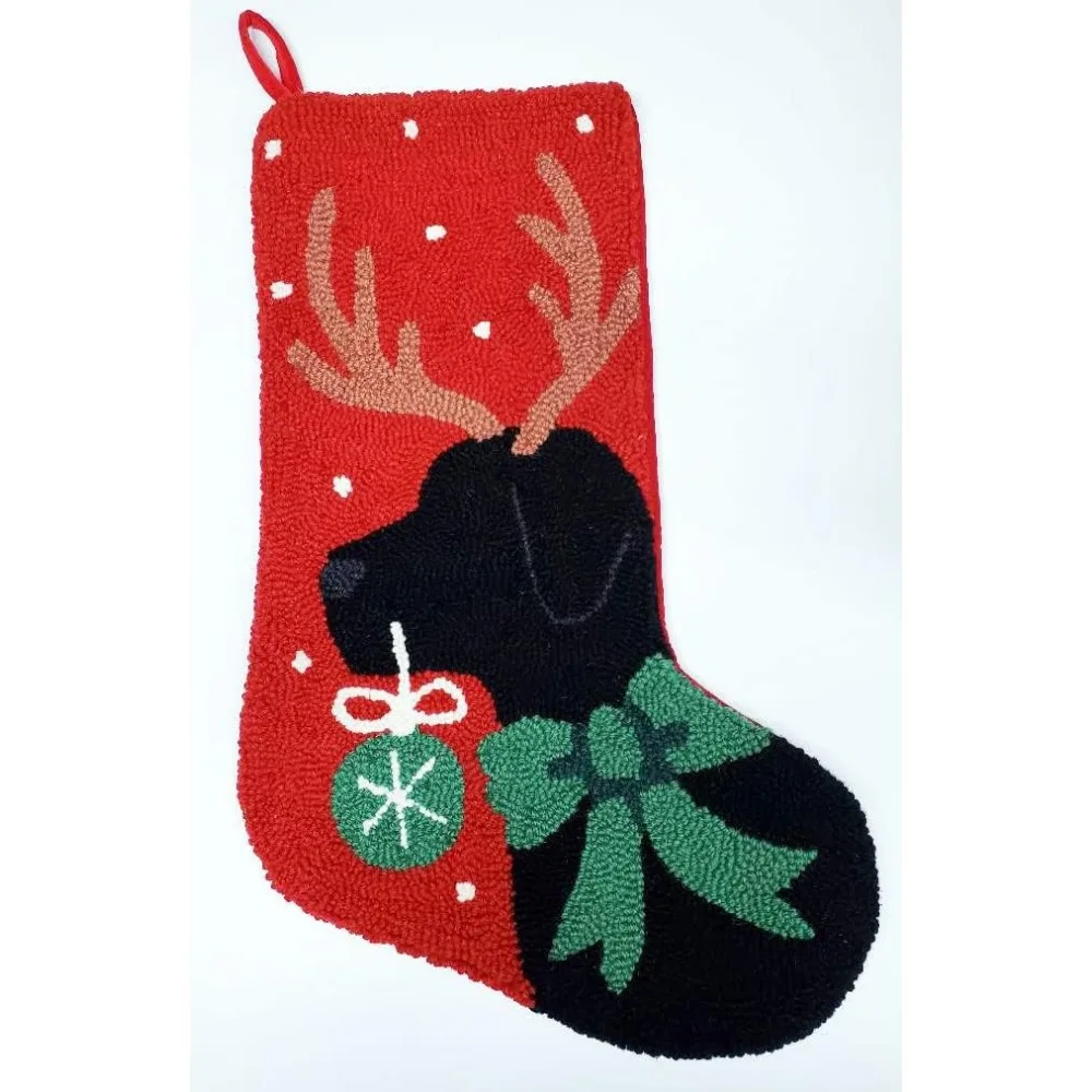 

Black Labrador Retriever Antler Christmas Hooked Stocking- Wool 21"