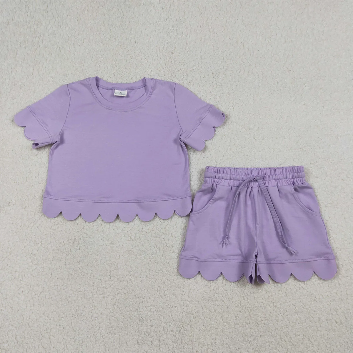 Wholesale Mama and Me Kids Adult Women Lavender Short Sleeve Shirt Toddler Pockets Short Scallop Clothes Set Fashion Clothing