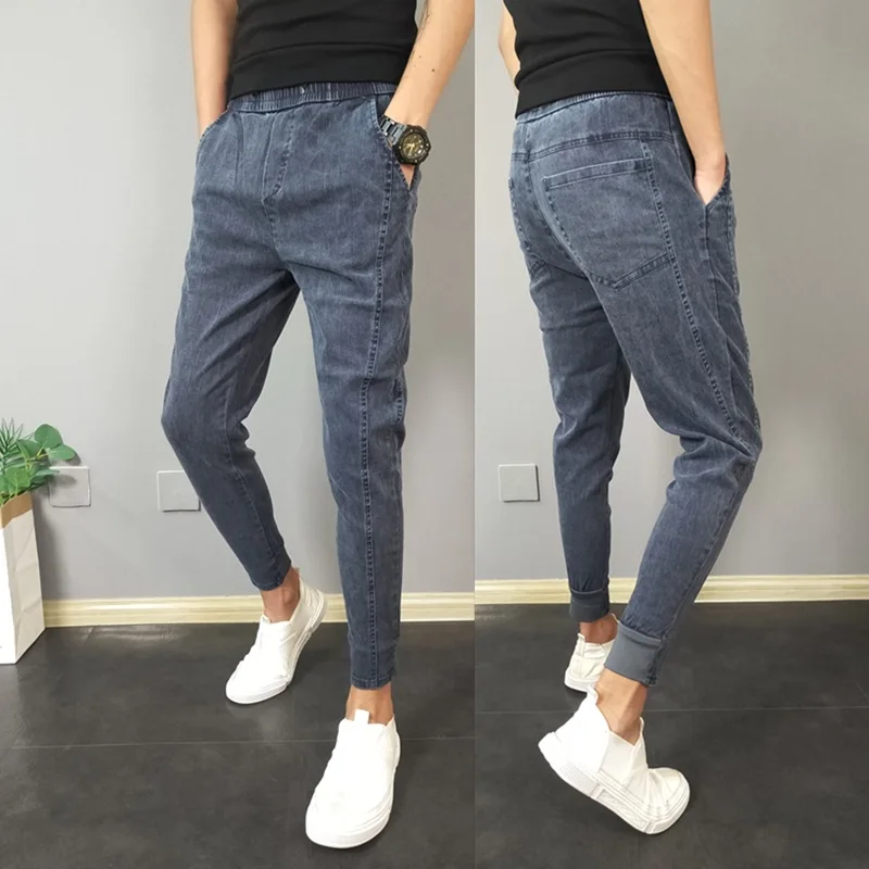 Summer 2022 Fashion Solid Color Slim-fit Men's Jeans Youth Fashion Pants Small Feet All-match Jeans Elastic Waist Denim Pants