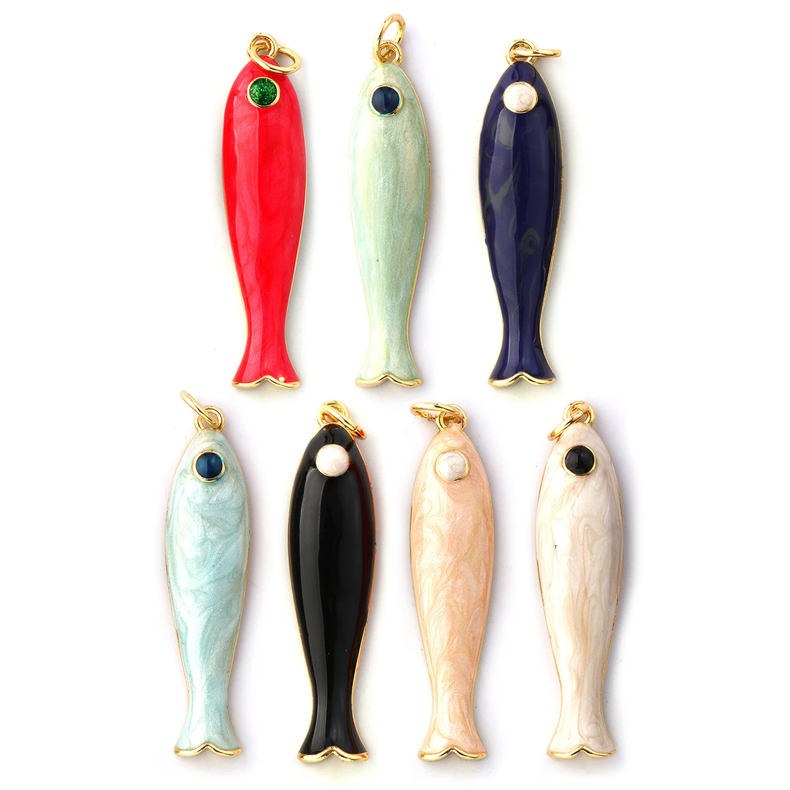 1 pieza de colgantes de joyería de océano de pez de latón, chapado en oro de 18 quilates, abalorios de animales de pez esmaltados para collar DIY, fabricación de joyas, 3,7 cm x 0,8 cm
