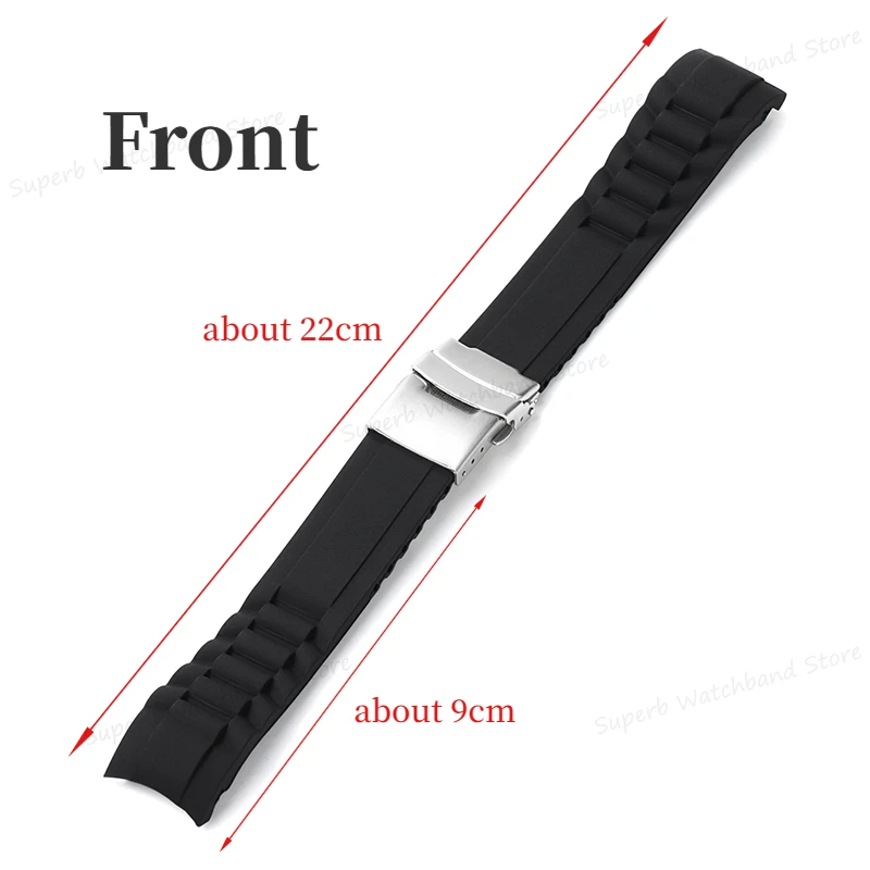 Curved End Silicone Watch Band 20/22mm Soft Rubber Watch Strap Folding Buckle for Men Waterproof Wristbelt Watch Accessories