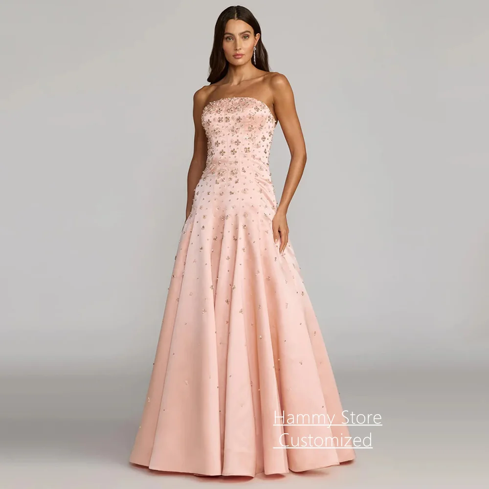 

Luxury Crystal Evening Dress for Woman Customized Strapless Sleeveless Beading Pearls A Line Prom Gown Party Dresses