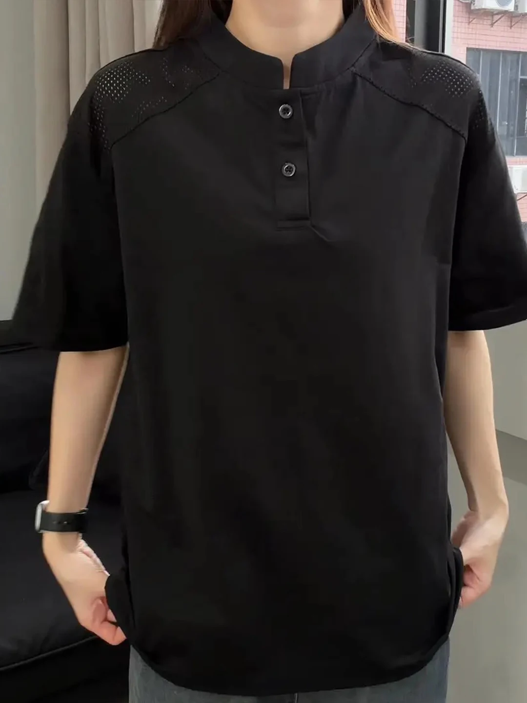White Mesh Hollow Ice Silk T-Shirt Men's Summer Cool Quick Dry Henry Collar Short Sleeve Handsome Shoulder Level Half Sleeve Top