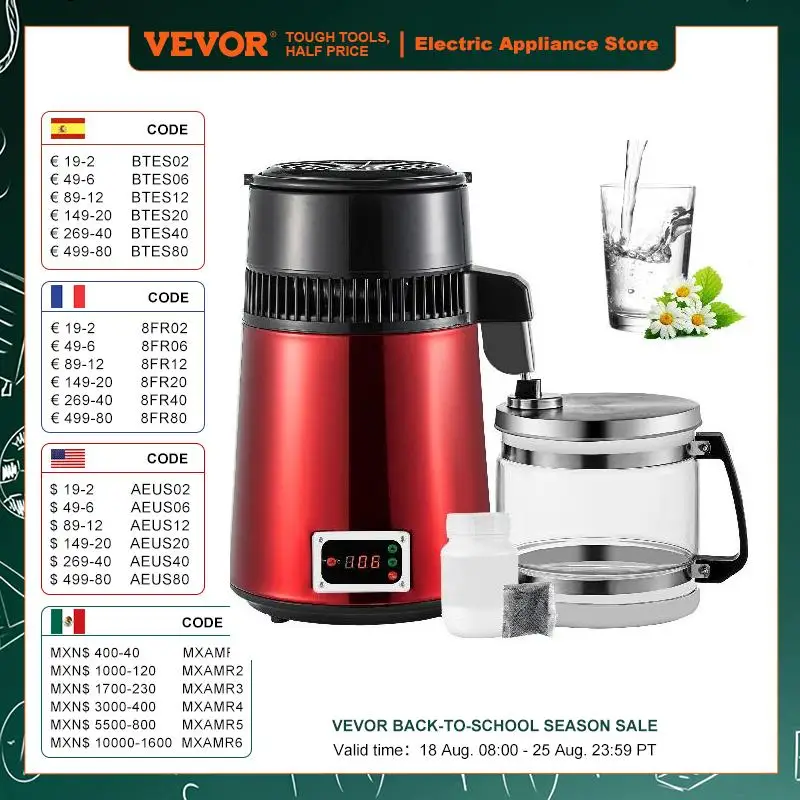 

VEVOR 4L Pure Water Distiller Purifier Filter Dispenser Drinking Bottle Softener Temp Display Overheat Protection Home Appliance