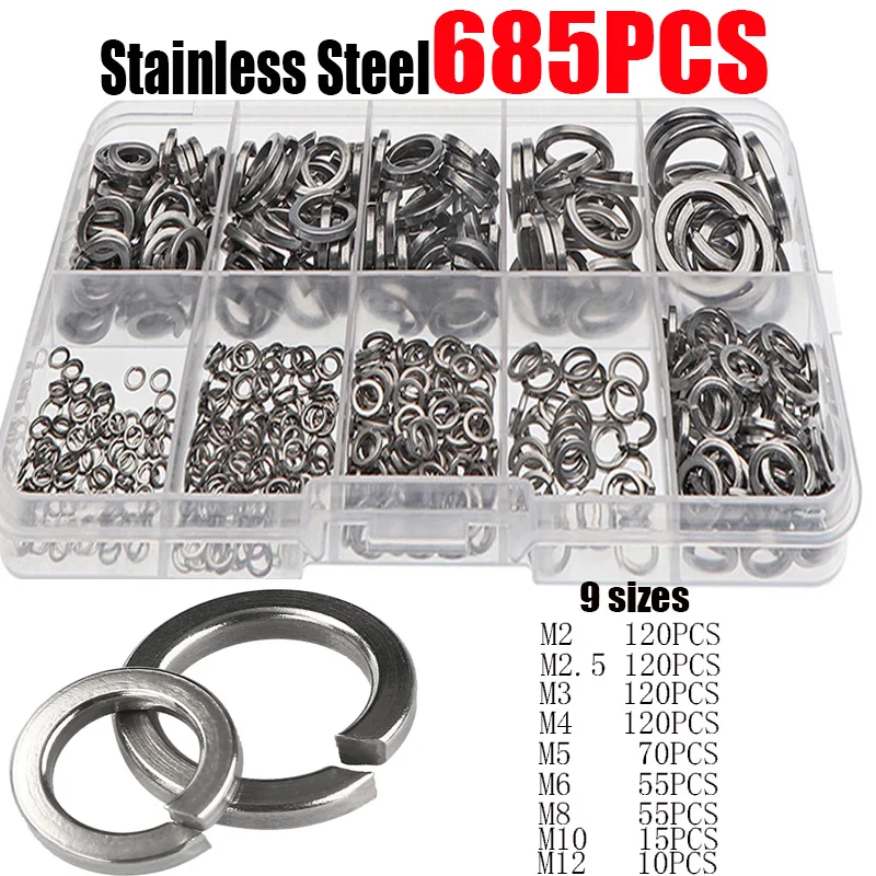 

685PCS Stainless Steel Spring Washer for Bolt Nut - Size M2 M2.5 M3 M4 M5 M6 M8 M10 M12 Gaskets