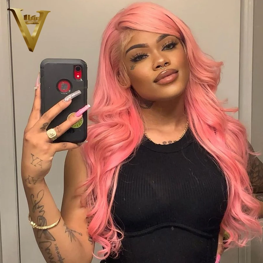 Peach Pink Color Body Wave Lace Front Wigs For Women Brazilian Human Hair Transparent Lace Frontal Wig Preplucked Hairline