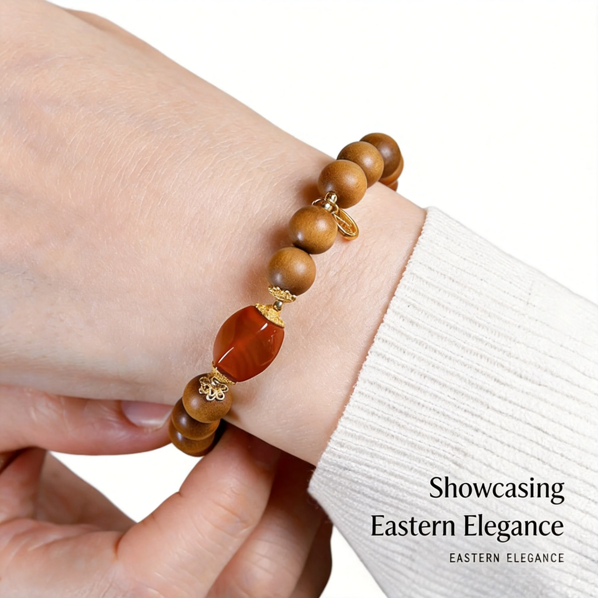 Chinese Style Elegant Zen Lucky 8mm Old Mountain Sandalwood Beaded Bracelet With South Red Agate Blessing Wealth Attracting Jewe