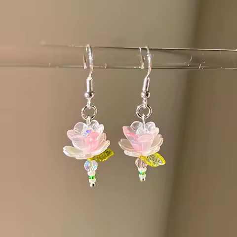 Pink Flower Beaded Lotus Flower Earrings Fairycore Handmade Jewelry Dainty Bead Accessory Gift Idea Earrings