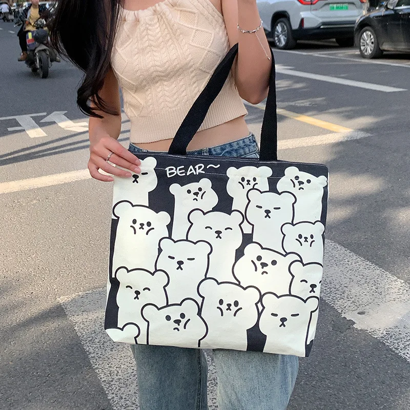 2024 Spring Cartoon Cat Canvas Bag Women's Large Capacity Handbags Original Bag College Student Shoulder Bags Unisex