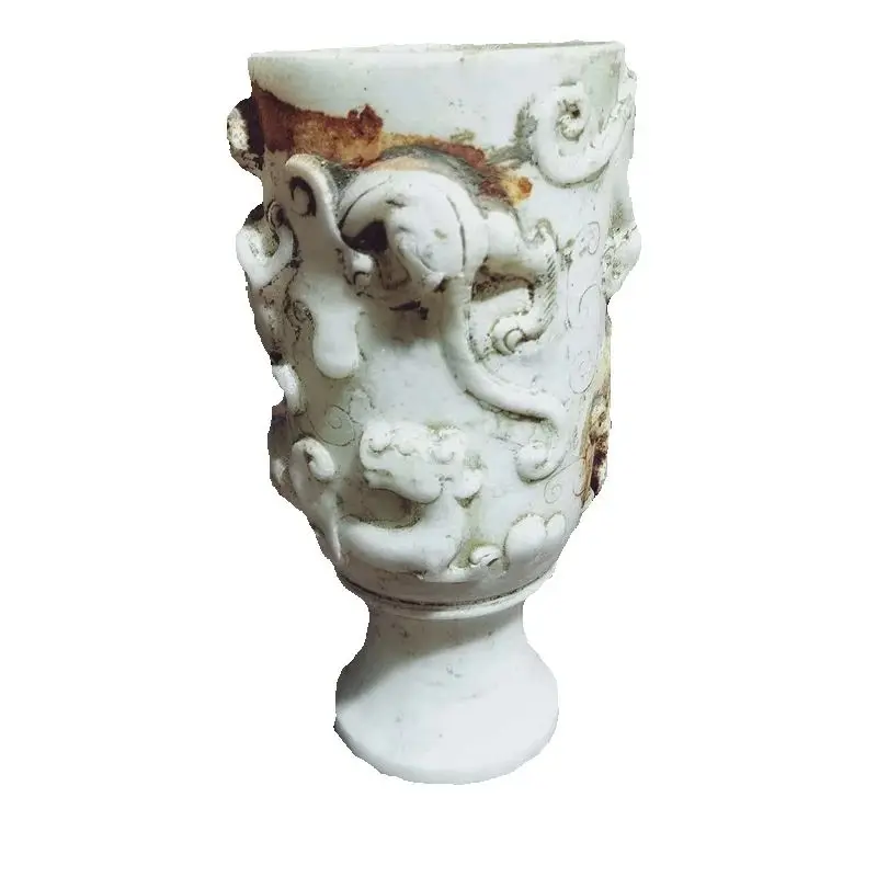 China Old Jade Collection Embossed White Jade Dragon Cup Unearthed Antique Drinkware for Collectors