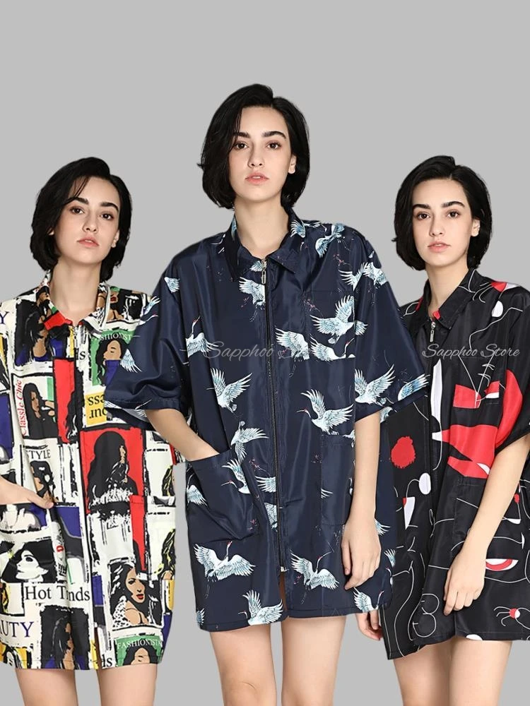 

Custom Logo Unisex Pet Beautician Work Clothes Non-stick Hair Barber Hairdresser Waterproof Crane Hair Cutting Cape Zipper Smock