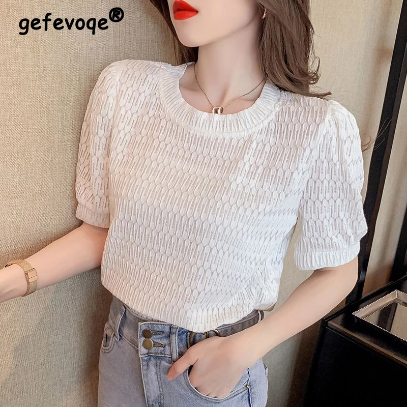 

2023 Women Summer Trendy Hollow Sweet T Shirt Solid O Neck Short Sleeve Chic Tees Y2K Casual Street All Match Tops Ropa De Mujer