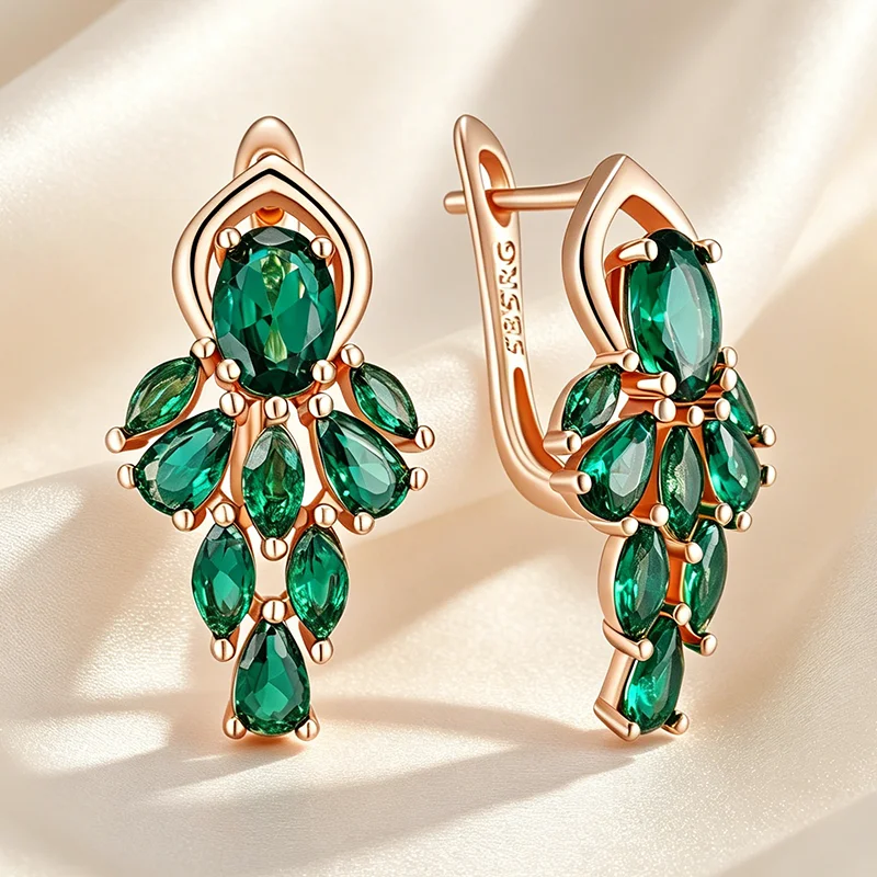 Kinel Hot Shiny Green Natural Zircon Flower Drop Earrings For Women Fashion 585 Rose Gold Color Vintage Daily Fine Jewelry