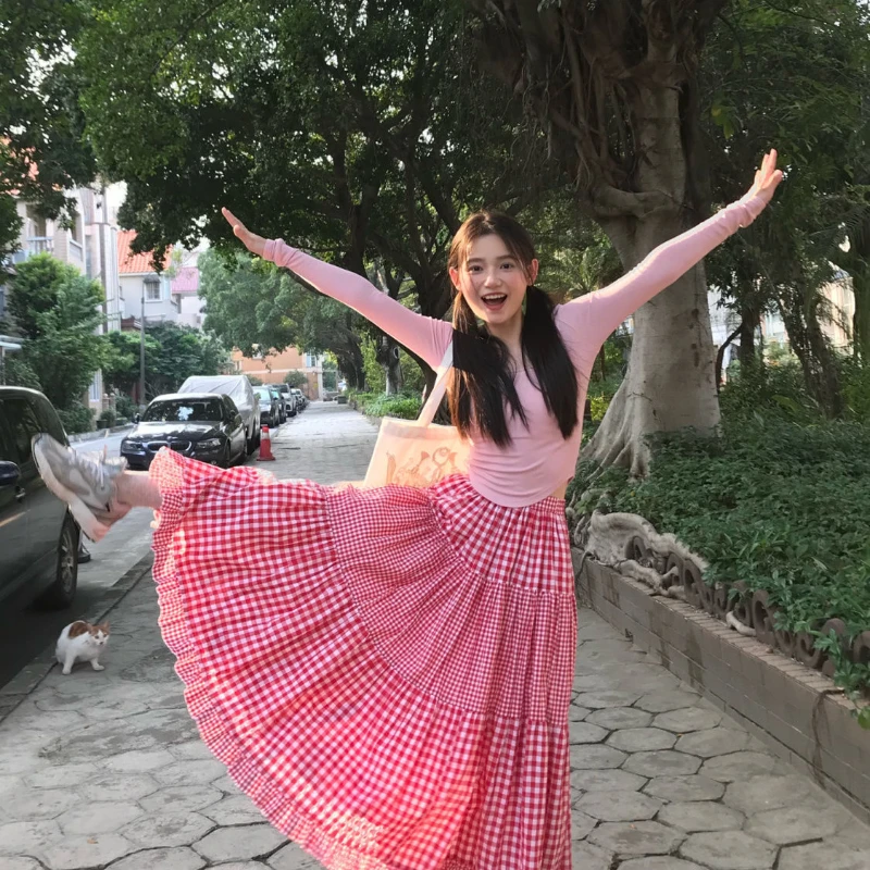 

French Sweet Red Plaid Pleated Cake Skirts Women Spring Summer High Waist Large Swing A-line Long Skirt Casual Faldas