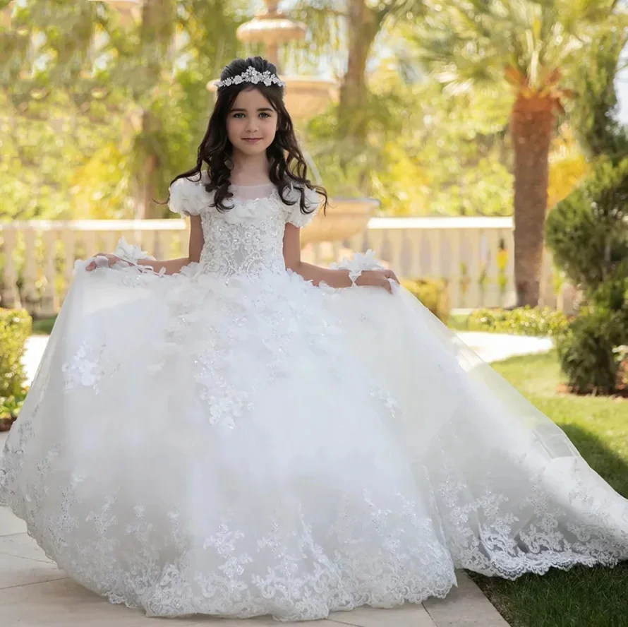 

Customized Elegant Flower Girl Dresses For Wedding Gorgeous Appliques Sequins Princess Birthday Party Quinceanera Pageant Gown