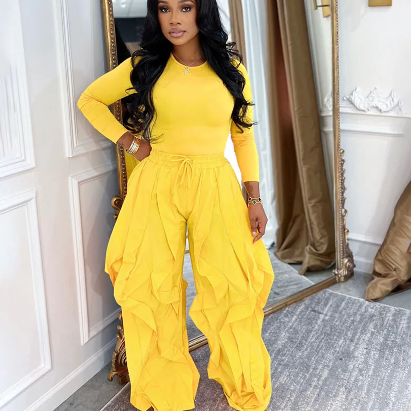 

Doyerl однотонные повседневные спортивные костюмы для женщин, комплект из 2 предметов, спортивный топ с длинными рукавами и волнистыми оборками, широкие брюки, ансамбль для бега