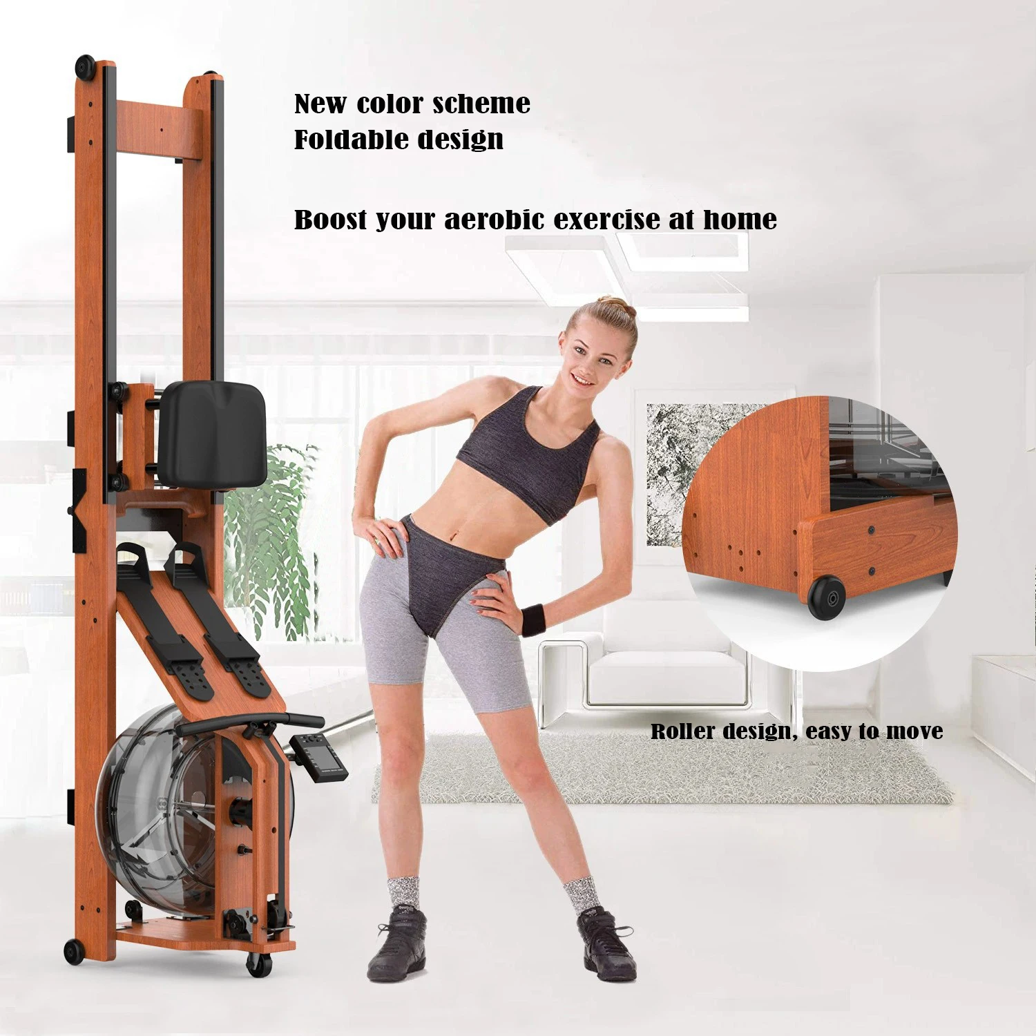 Foldable Rowing Machine, Water Resistance, Super Grade, Rubber, Wood Double Track, Water Rower, New