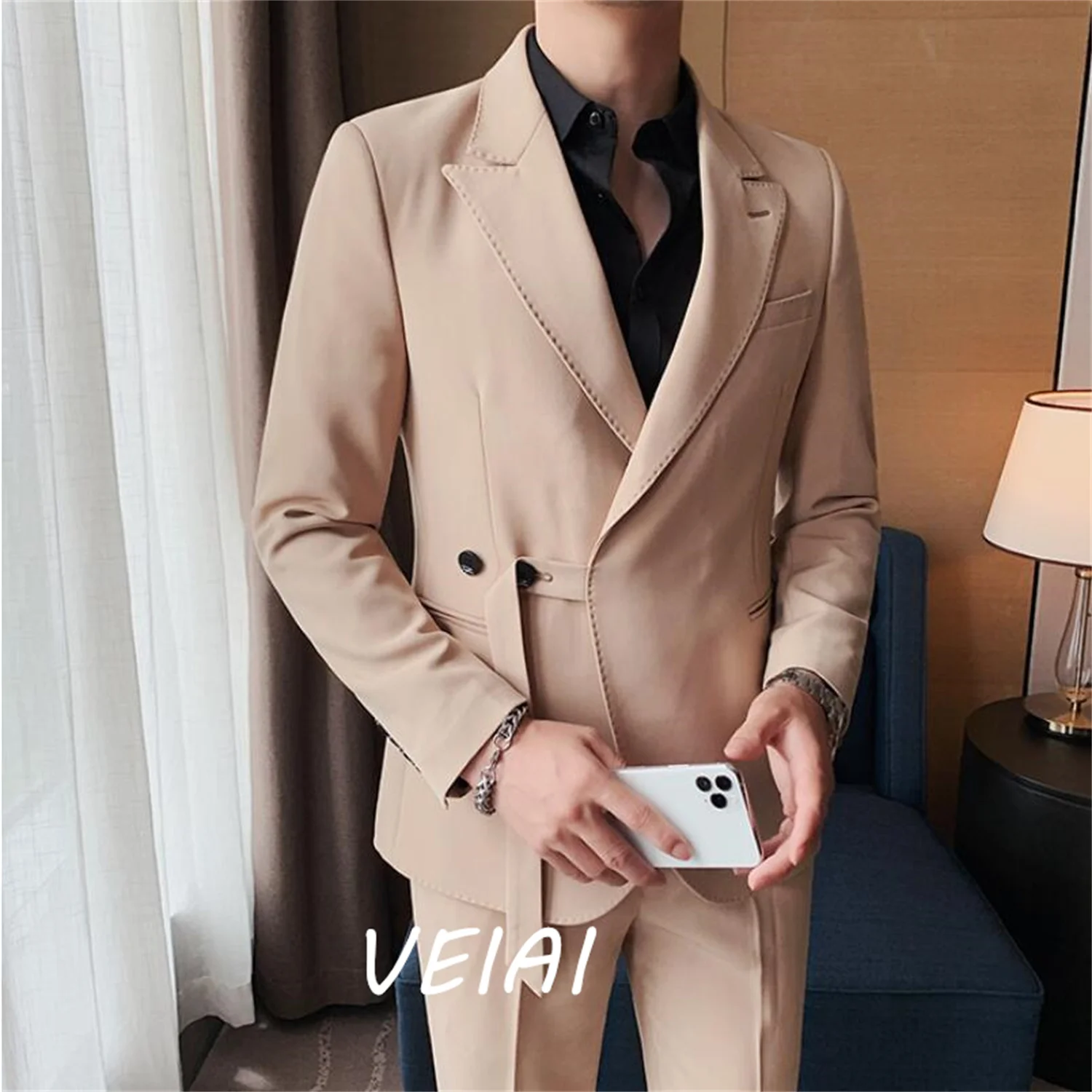 

CustomizedSpring Men Suit Two Piece (Coat+Pants）Blazer Peaked Lapel Sky Blue Black Leisure Jacket Slim Fit Groomsmen Costume Ho