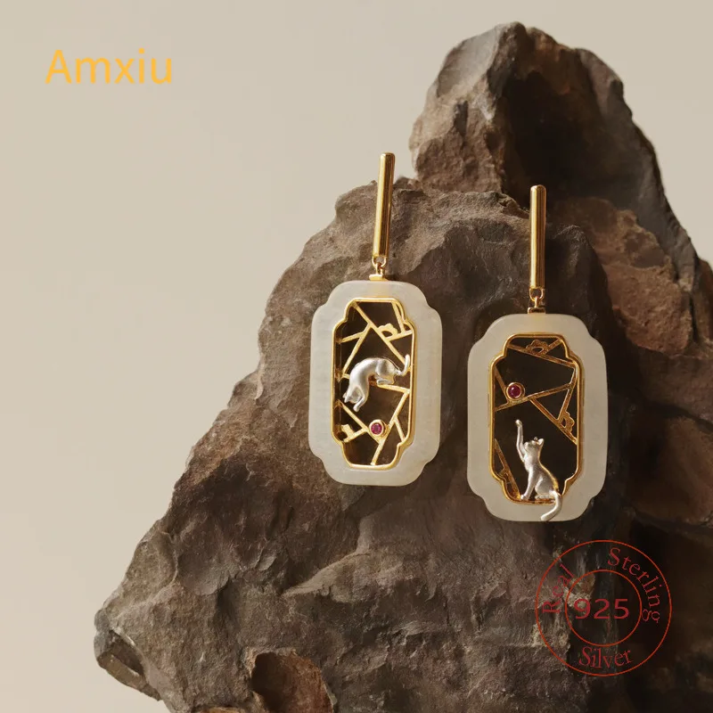 

Amxiu Hidden Cat Pavilion Pure Silver 925 Garden Flower Window Cat New Chinese Elegant Fun Chinese Style Earrings
