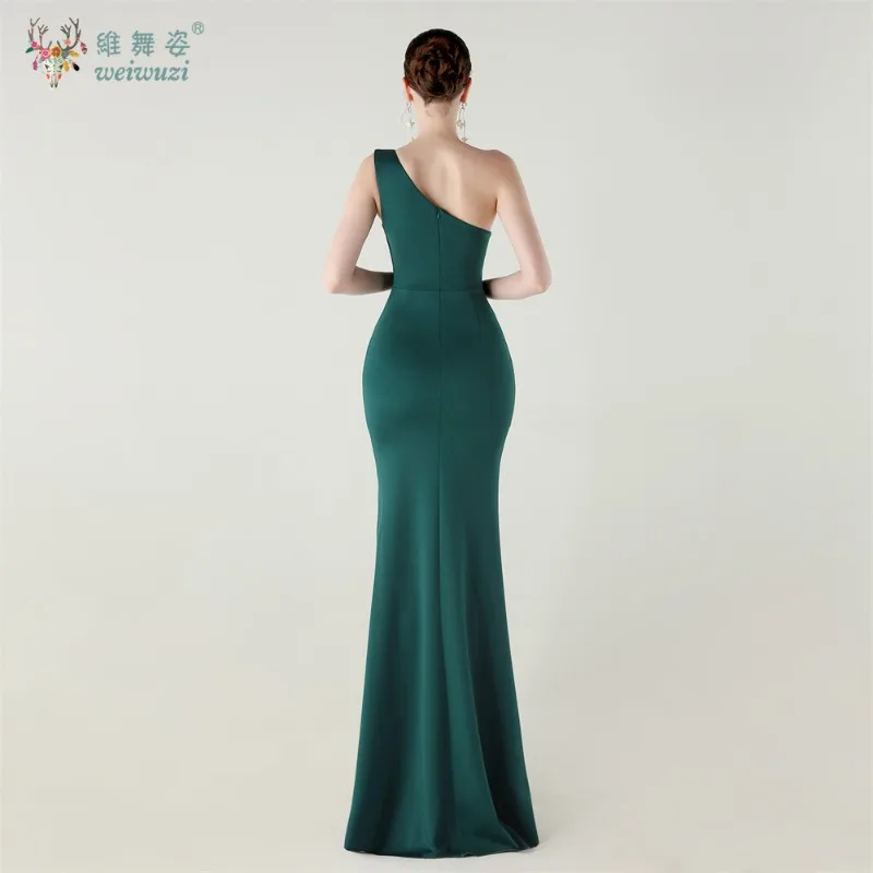 韓国風ミニマリストシングルショルダーサテンプリーツウェディングブライズメイドイブニングドレス、スリット入りスリムフィットマーメイドイブニングドレス