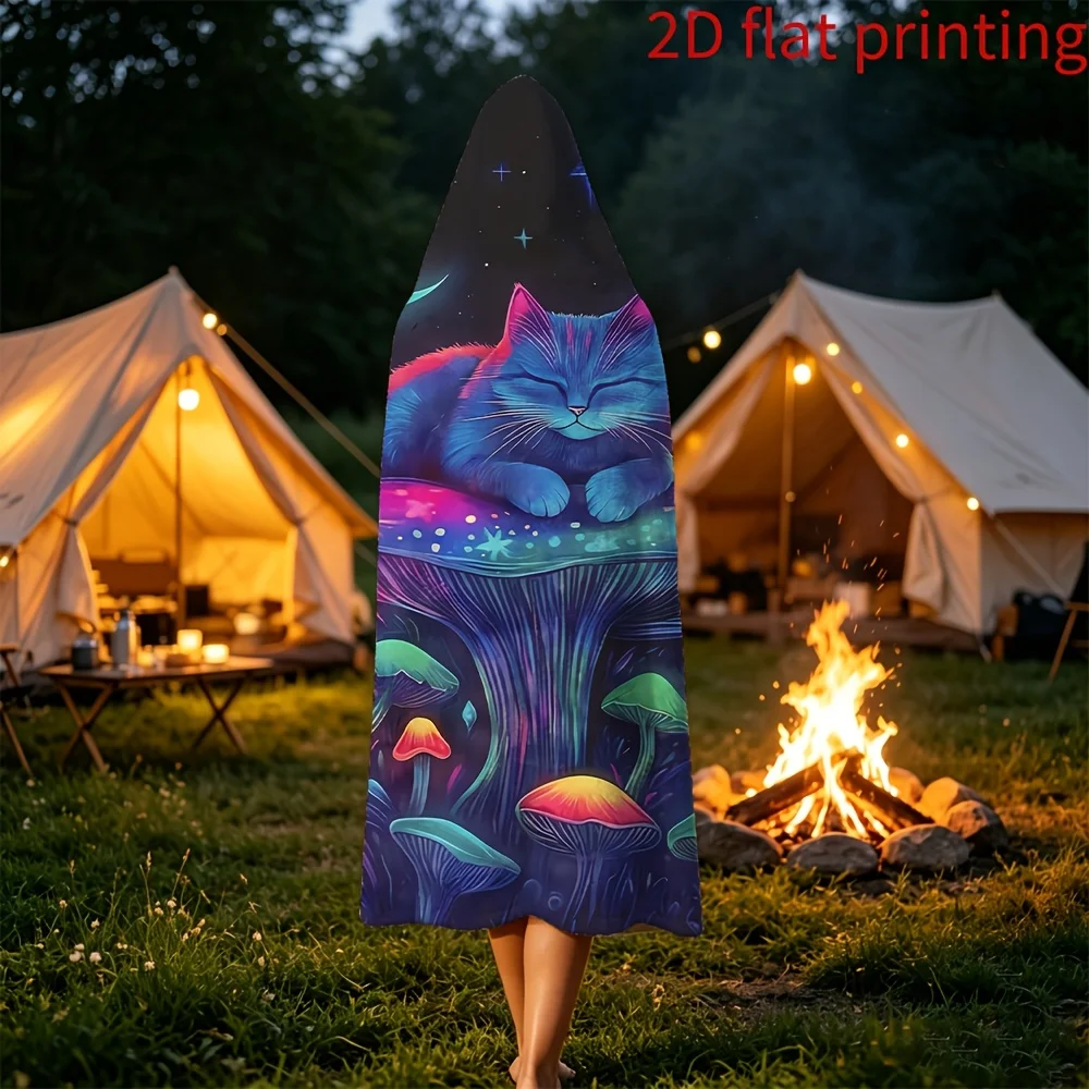 1pc Hooded Blanket, Small Cover Blanket, 2D Flat, Crescent Colorful Mushroom Dark Night Purple Cat Mysterious Fantasy