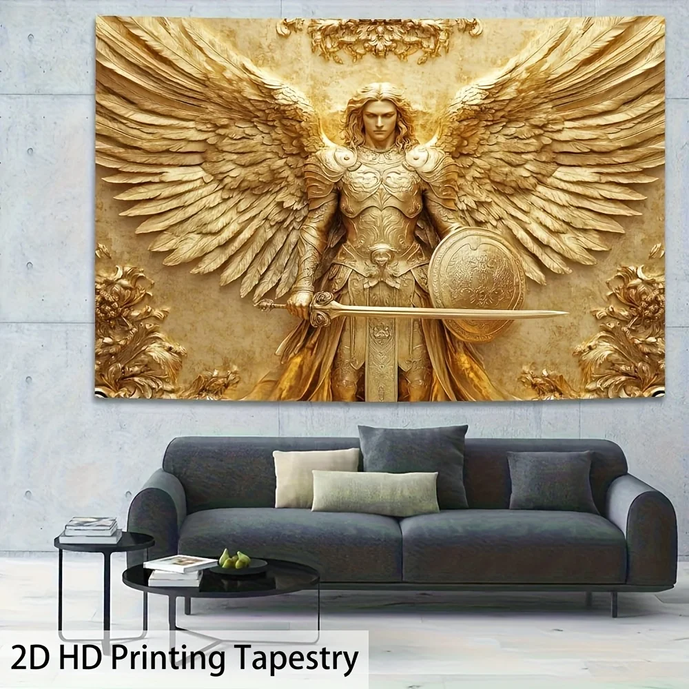 VIKAMA Golden Archangel Warrior Tapestry 3D Relief Angel Wings Sword Shield Wall Hanging Living Room Bedroom Decor