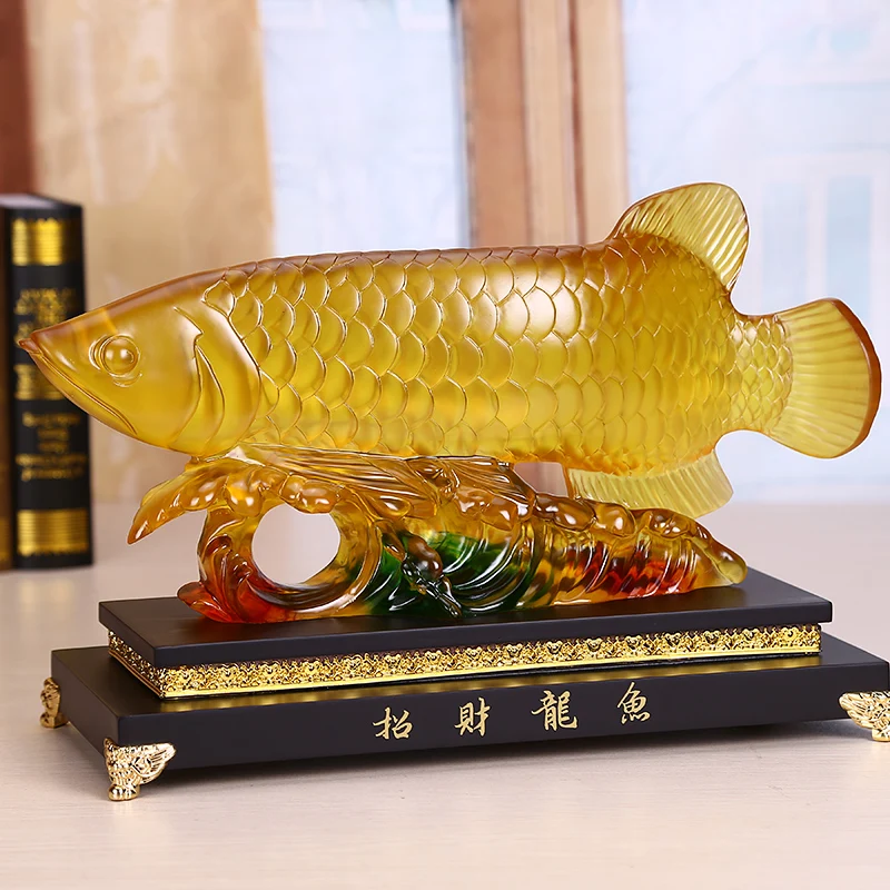 

26cm LARGE # 2020 office home efficacious FENG SHUI Mascot Money Drawing Gold- Arowana Fish Artificial amber Sculpture statue